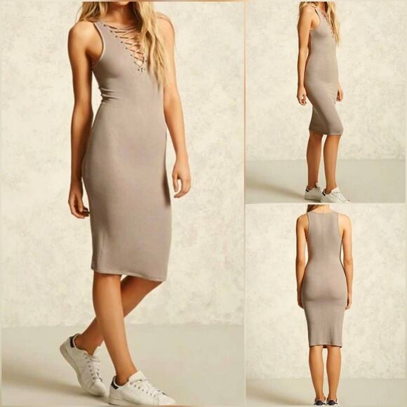 🔹️Forever 21 Tan Ribbed Bodycon Sleeveless Dress Large - Picture 3 of 12